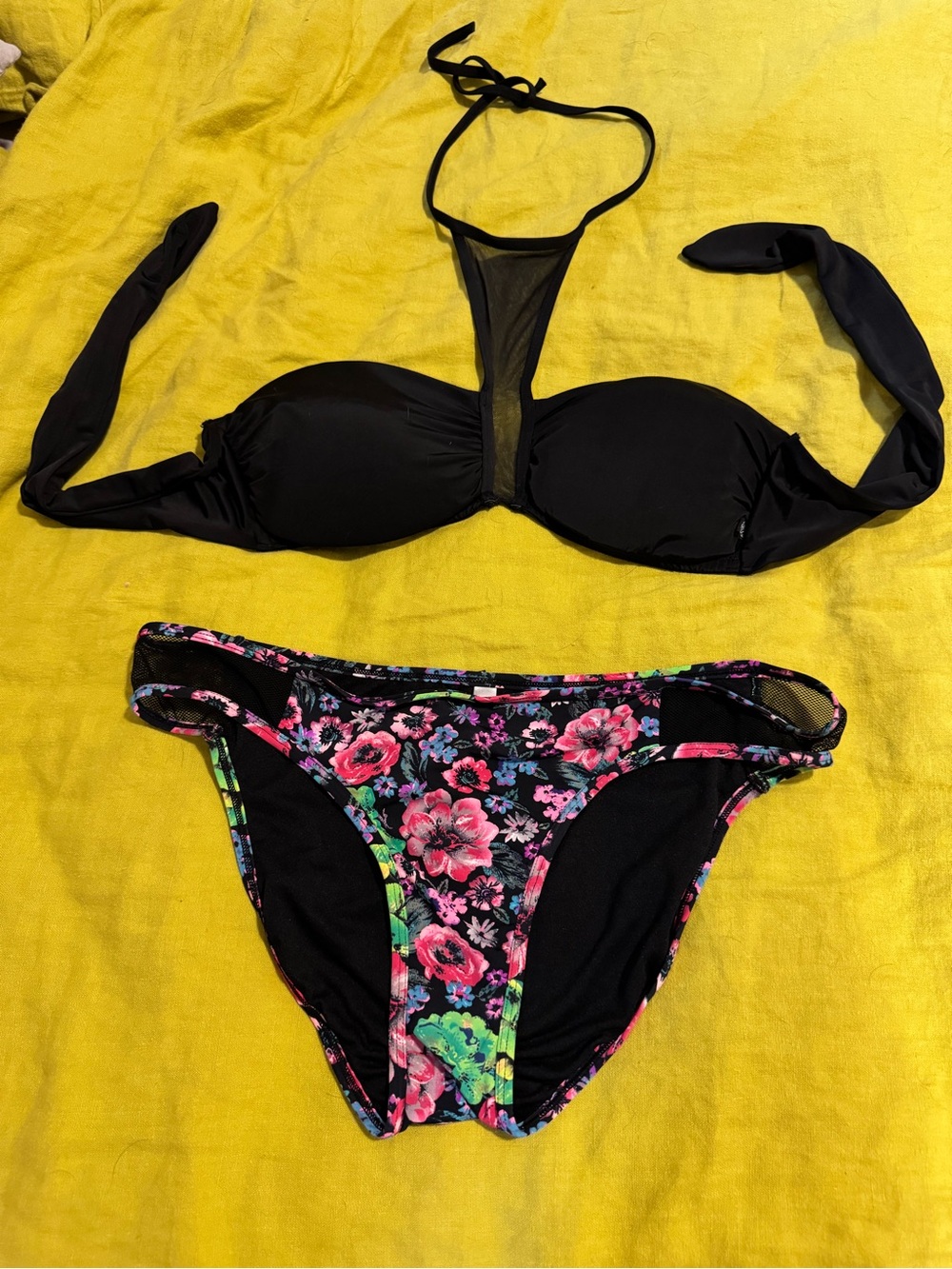 Aqua Black Halter Bikini with Pink & Green Floral Bottom